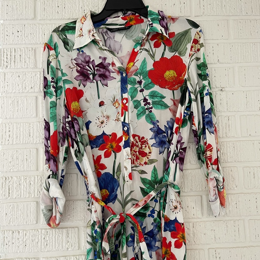 Zara Floral Belted Shirt Dress Size S